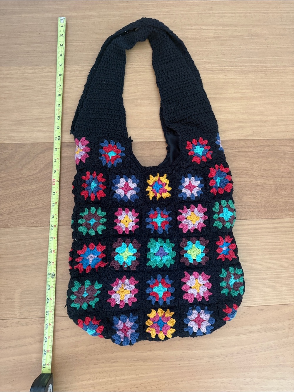 Black Crochet Granny Square Shoulder Bag with Multicolor Accents